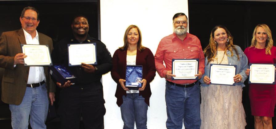 The Silsbee Chamber of Commerce presented five awards at its annual banquet last Friday night.Award winners are, from left,Alan Sanford: 2023 Citizen of the Year; William Tyler IV.: “ Jay Hinkie Memorial” 2023 Responder of the Year; Collette Nelson and Randel Stephens of Hardin County Community Service: 2023 Non-Profit of the Year; Wendy Rogers of the Tiger Hut: 2023 Business of the Year; and Teshauna Turk:“Robbie Reeves Memorial” 2022 Teacher of the Year.