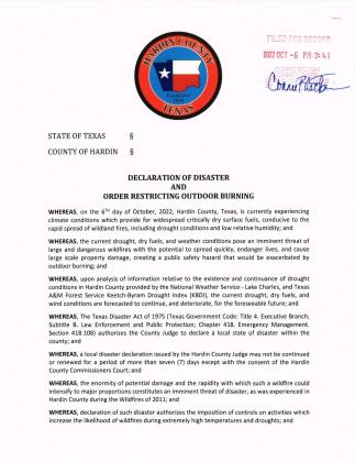 Hardin County Order Restricting Outdoor Burning page 1