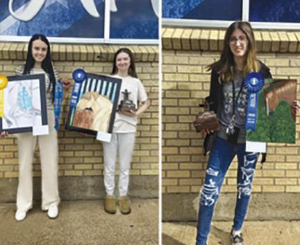 Evadale art students did well in competition at the recent Houston Rodeo Art Show. At left, Mackensie Coursin of Evadale High School won Best of Show,and Evadale Junior High student Emma Ferguson also won Best of Show in her category and Hallie Calhoun, also from Evadale Junior High, won a gold medal. Courtesy photo