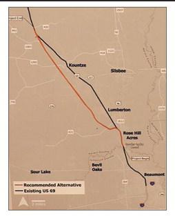 This map shows the proposed relief route for Hwy 69 around Kountze and Lumberton.