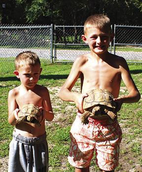 Pam Jordan’s grandsons Braxton and Bronson Ezell hold two desert tortoises who live in the sanctuary next to the Jordan home near Village Creek south of Silsbee. During the cold winter months, they live in a small structure in the sanctuary called the Turtle House. Also in the sanctuary are places to keep animals while Pam Jordan was rehabilitating them. Photo by Dan Eakin