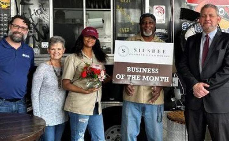 The Silsbee Chamber of Commerce has awarded Mr Burger &amp; Seafood as February Business of the Month. From left are Casey Copley (chamber board member), Kathy Watson (board member), Theresa and Terry Lewis (owners), and Darrell Sheffield (board member). Amy Gonzales photo