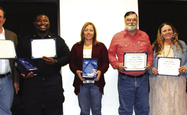 The Silsbee Chamber of Commerce presented five awards at its annual banquet last Friday night.Award winners are, from left,Alan Sanford: 2023 Citizen of the Year; William Tyler IV.: “ Jay Hinkie Memorial” 2023 Responder of the Year; Collette Nelson and Randel Stephens of Hardin County Community Service: 2023 Non-Profit of the Year; Wendy Rogers of the Tiger Hut: 2023 Business of the Year; and Teshauna Turk:“Robbie Reeves Memorial” 2022 Teacher of the Year.