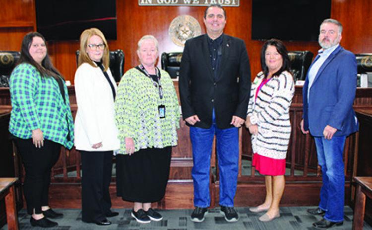 From left are Alysa Freeman, Hardin County’s first elections administrator who was hired last Wednesday; and Hardin County Election Commission members Democratic Party Chair Vicki Brekel,Tax Assessor- Collector Shirley Cook, County Judge Wayne McDaniel, County Clerk Connie Becton and Republican Party Chair Tony Robertson. Dan Eakin photo
