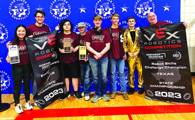 Members of the Silsbee High School GOLD! Robotics Team are,from left, Bobby Barton, Jenny Tu,Audie Miller, Reese Rodgers,Tristin Bell, Clayton Eyre, Nathan Pyne and Coach Vic Miller.