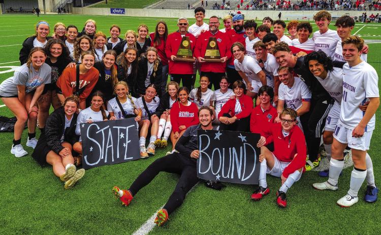 The members of the Lumberton boys and girls soccer teams celebrate with their coaches and friends after both winning a spot in the UIL State Soccer tournament this week.Lumberton is the only team in 4A to have both its boys and girls teams in the tournament.See stories on page 1B. Photo by Brent Guidry