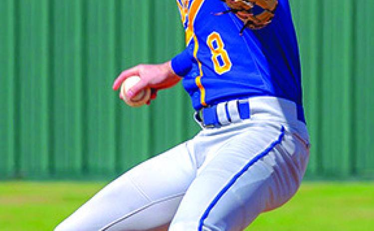 In the Evadale Tournament, Evadale won the first game 11-0 and tied the second game with Hull-Daisetta 8-8. Evadale lost the third game to Hardin. Senior Jody Isbell, above, pitched three innings and had six strikeouts.