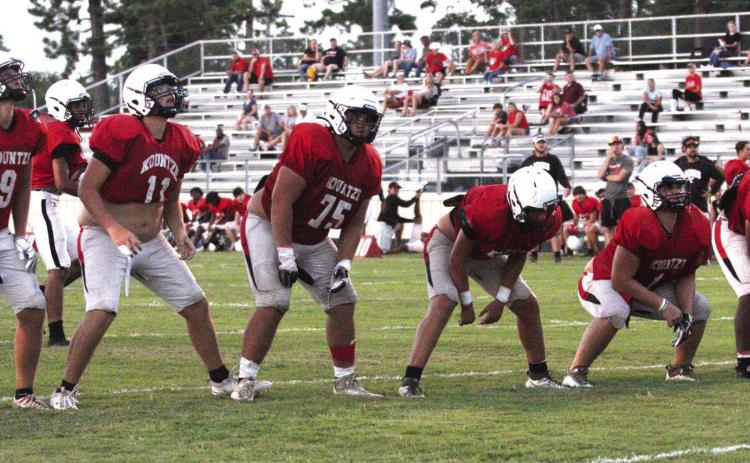 One of the biggest attributes of the Kountze team is that the squad has a very large offensive and defensive line.That was evident during the scrimmage on Friday.One of the Lions’biggest players,all district guard Chase Jones,did not play in the scrimmage. Danny Reneau Photo